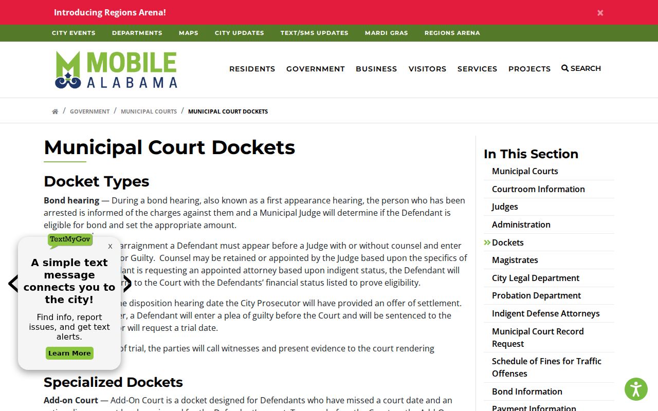 Mobile Municipal Court official docket page