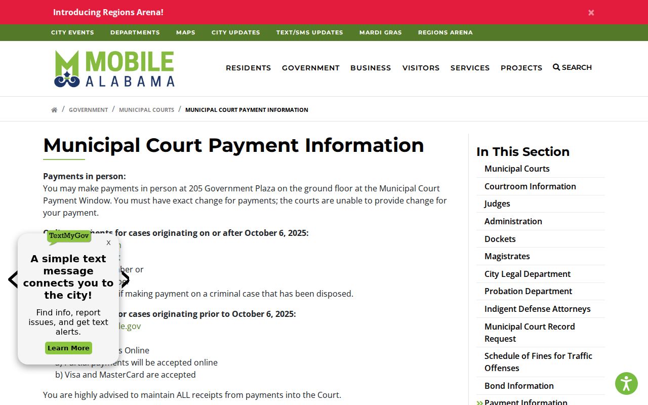 Mobile Municipal Court payment information