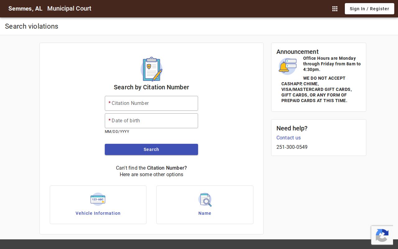 Official Semmes municipal court payment search example