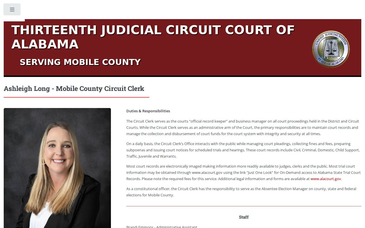 Mobile County Circuit Clerk page explaining the clerk's warrant record role