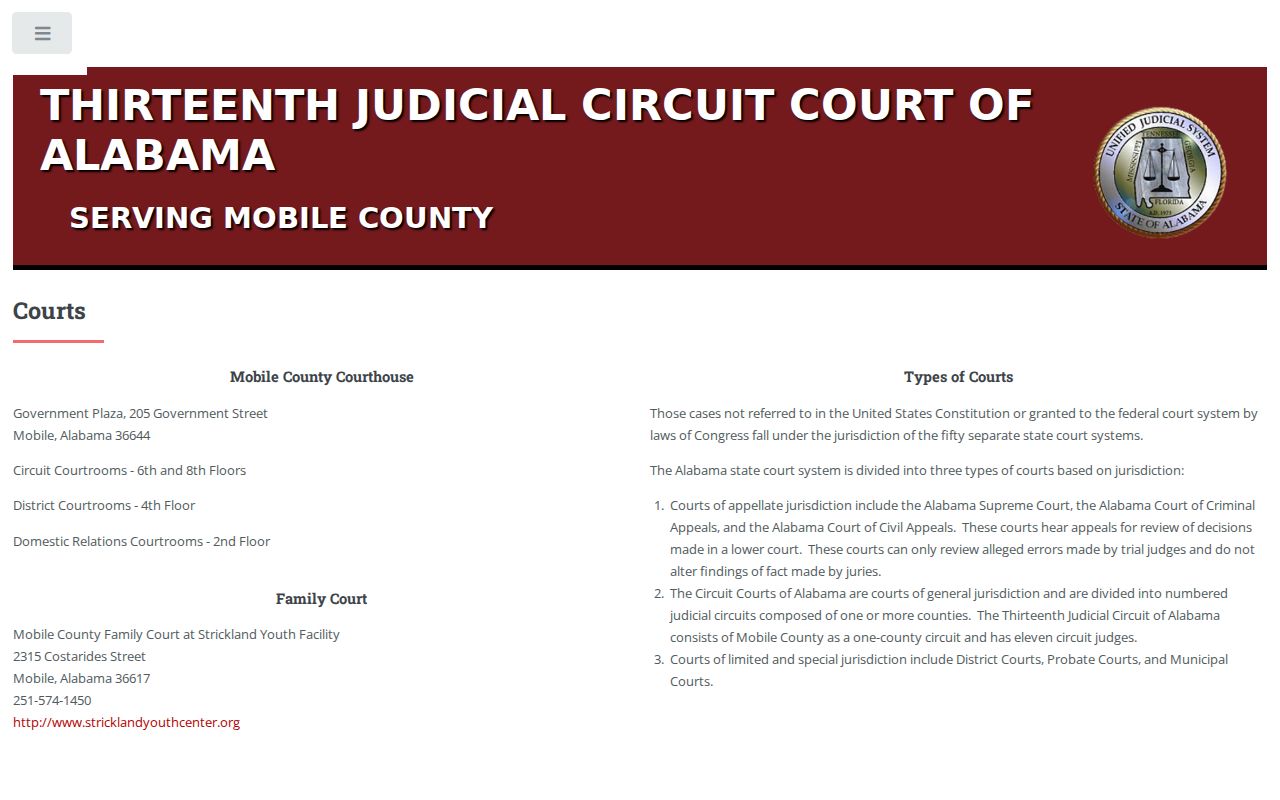 Official Mobile County courts page showing Circuit and District court structure