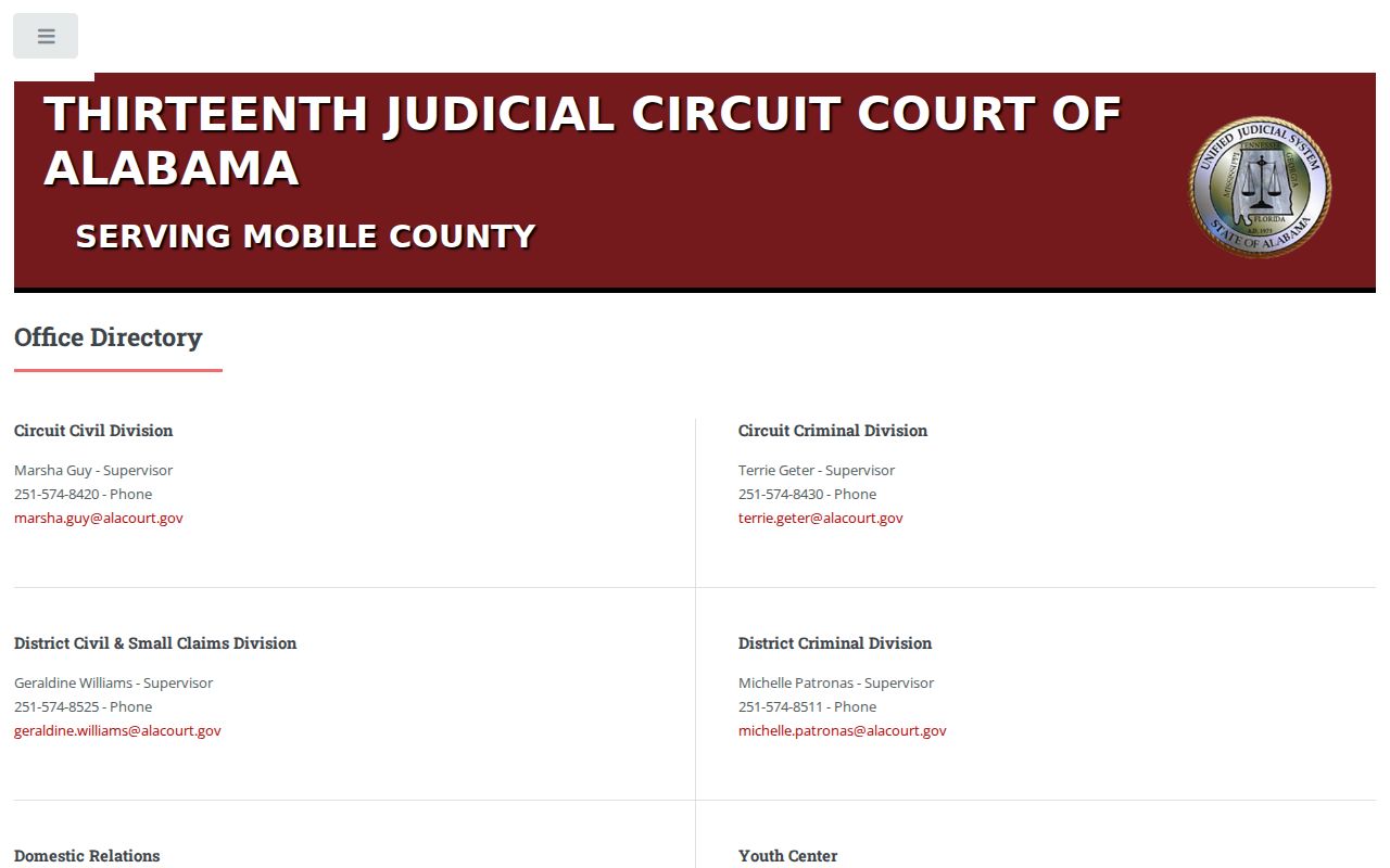 Mobile County court office directory for routing warrant record questions